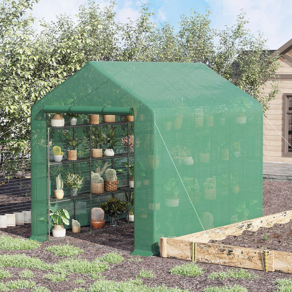 Walk-in Greenhouse for Outdoors with Roll-up Zipper Door, 18 Shelves, PE Cover, Small & Portable Build, Heavy Duty Humidity Seal, 95.25' x 70.75' x 82.75', Green Media 2