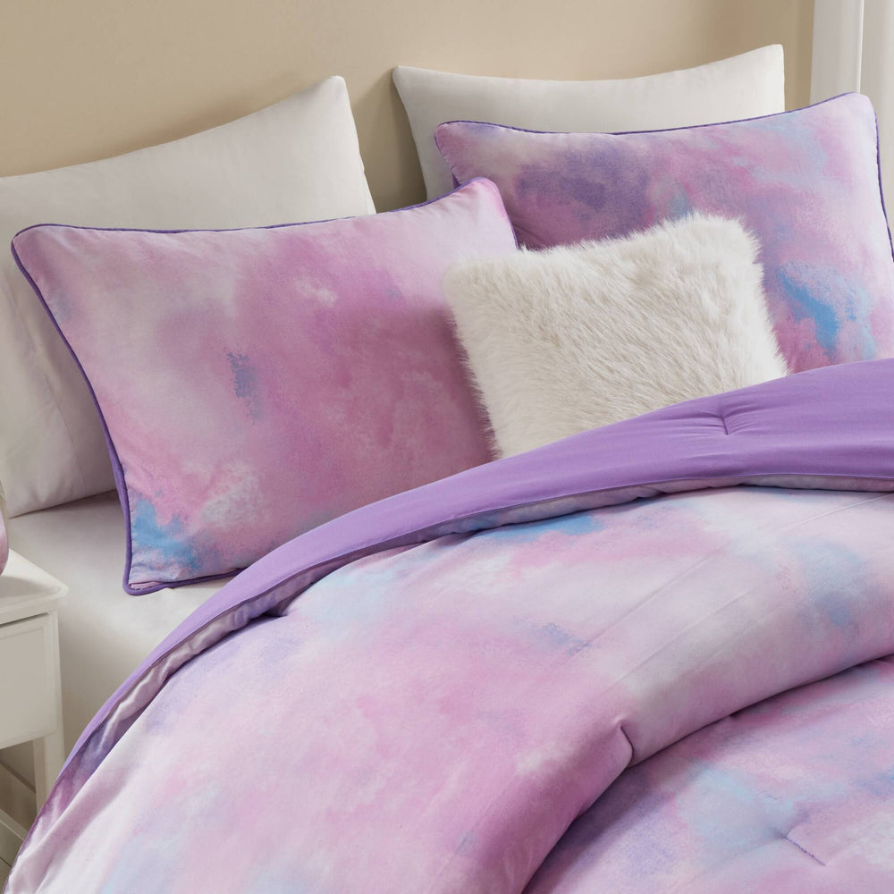 4 Pieces Full/Queen Watercolor Tie Dye Printed Comforter Set with Throw Pillow,Purple Media 12