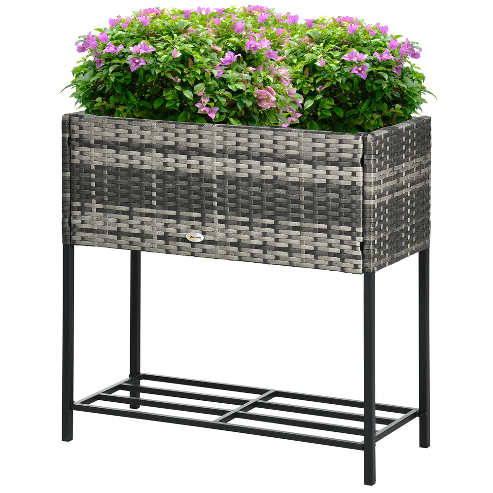 Outsunny Raised Garden Bed, Elevated Planter Box with Rattan Wicker Look, Tool Storage Shelf, Portable Design for Herbs, Vegetables, Flowers, Gray Media 10
