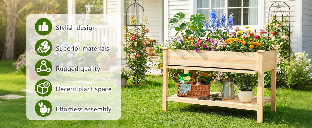 Raised Garden Bed 48x23x31.1-inch Elevated Wood Planter with Water Collection Tray, Storage Shelf, Protective Liner Media 17