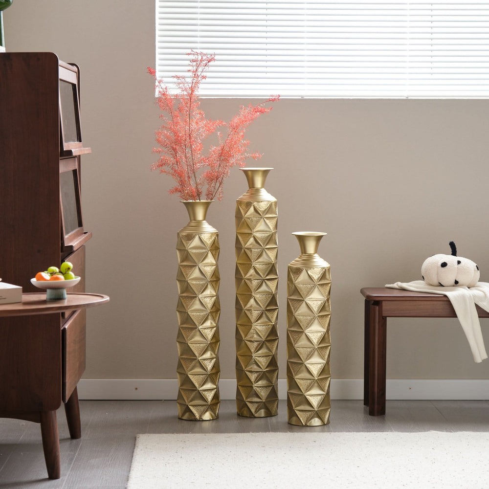 Metal Decorative Vase High Distress Metal Center Vase With 3D Triangle Pattern, Set Of 3 Vases for Home Decoration 33.5', 29.5', 25.2'High, Gold Media 8