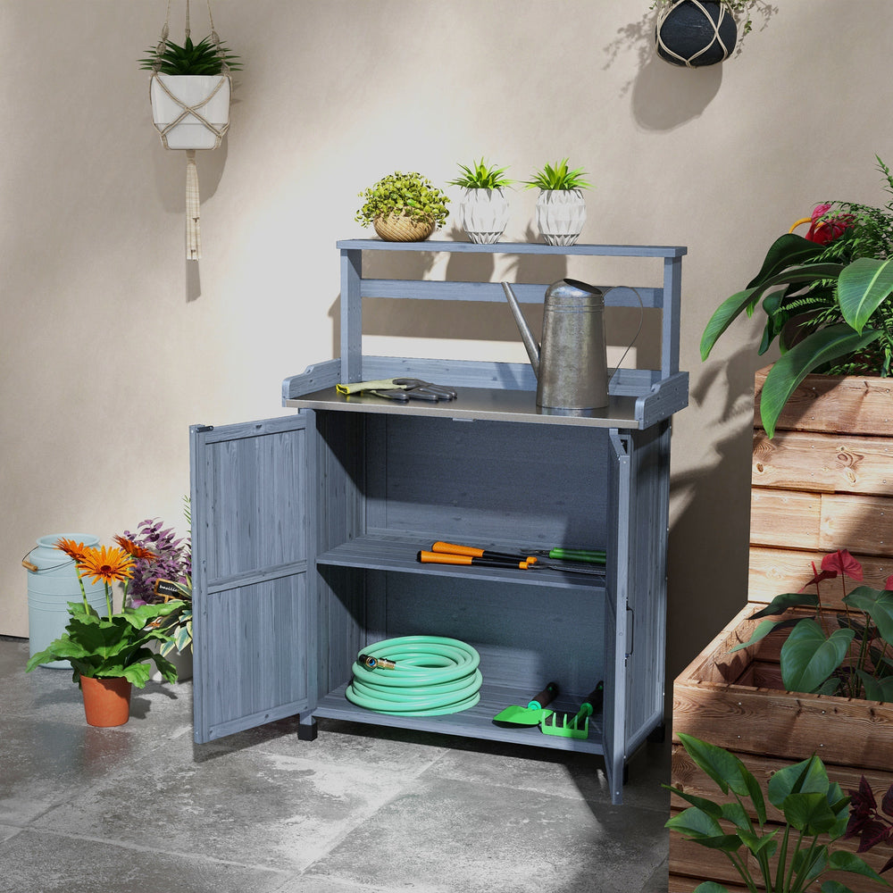 Outsunny Potting Bench, Outdoor Wooden Potting Table with Storage Cabinet with 2 Shelves, Garden Work Bench with Galvanized Plated Tabletop for Backyard, Balcony, Gray Media 7