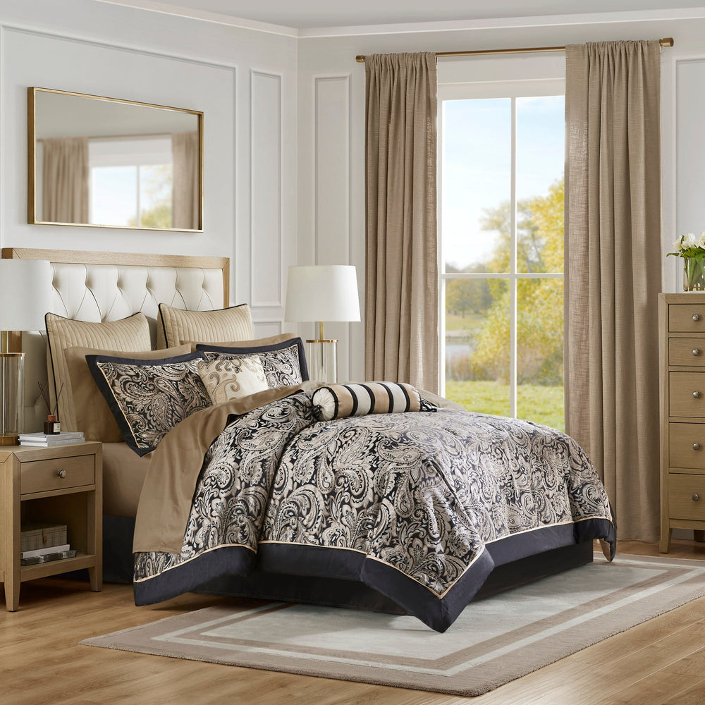 12 Piece Comforter Set with Cotton Bed Sheets Black Cal King Media 1