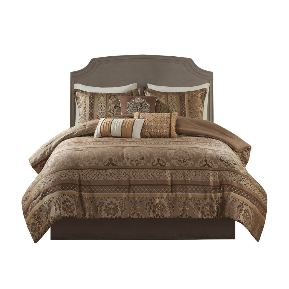 7 Piece Jacquard Comforter Set Brown/Gold Queen Media 8