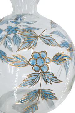 Round Clear Glass Vase with Blue and Gold Botanical Motifs perspective