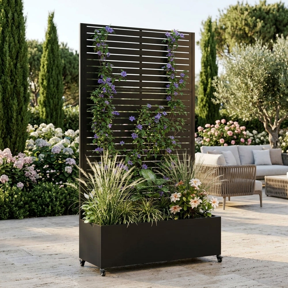 Metal Planter Box with Trellis, 73'x35'x16 Metal Raised Garden Bed with Trellis, Metal Planter Box with Drainage Holes & Lockable Wheels & Privacy Screen for Climbing Plants, Vegetables, Vines Media 1