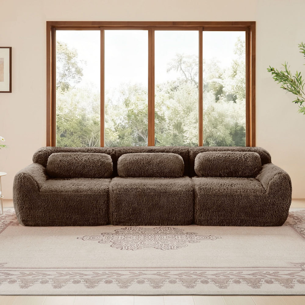 Plush Fabric Sectional Sofa Chocolate Modular With Ottoman & Pillows Media 2