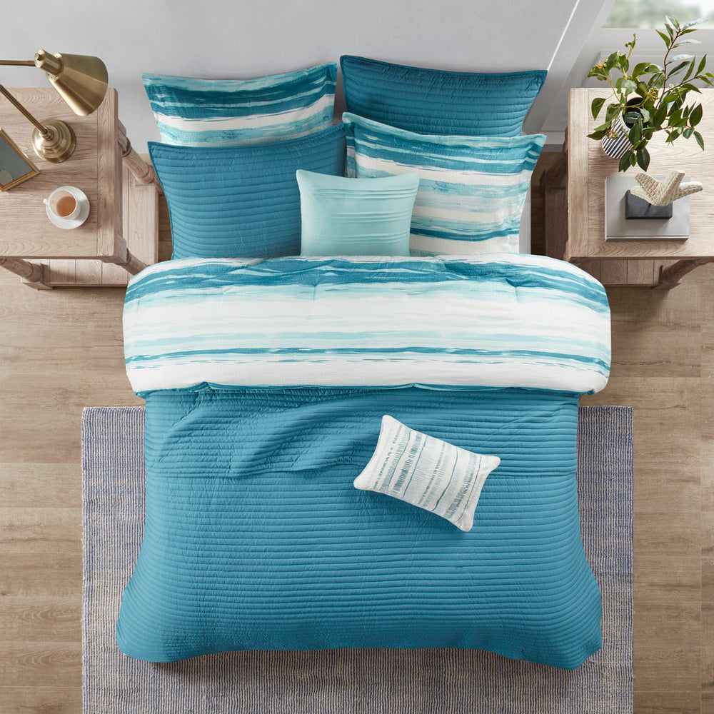 8 Piece Printed Seersucker Comforter and Quilt Set Collection Aqua Full/Queen Media 3