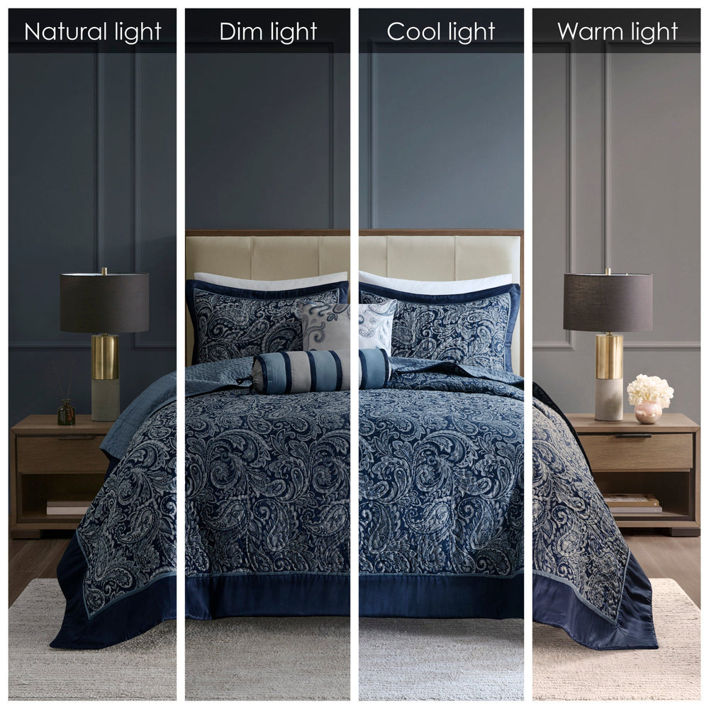 5 Piece Jacquard Bedspread Set with Throw Pillows Navy Queen Media 13