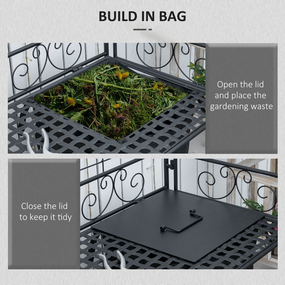 Outsunny Folding Potting Bench Table, Metal Garden Workstation, Work Bench with Large Build-In Bag with Cover, 5 Hanging Hooks & Storage Shelf, Flourishes Media 4