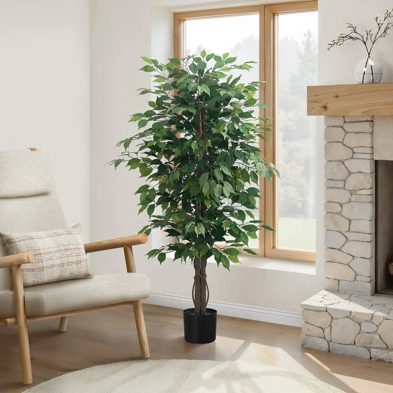 Artificial Ficus Tree Indoor Floor Plant, 58' Tall, Green Leaves, Black Pot, Faux Greenery Decorative Potted Plant