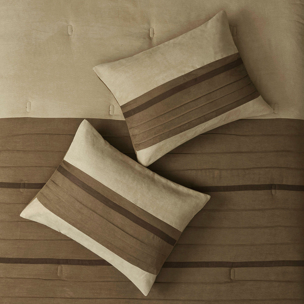 7 PC Pieced Faux Suede Comforter Set Natural Queen Media 2
