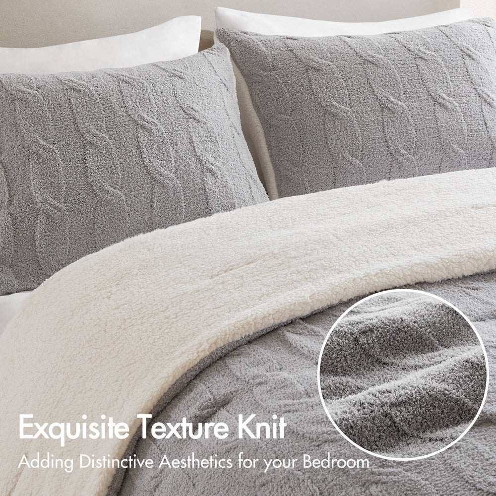 3 Pieces King/Cal King Cable Knit Chenille Comforter Set,Gray Media 2