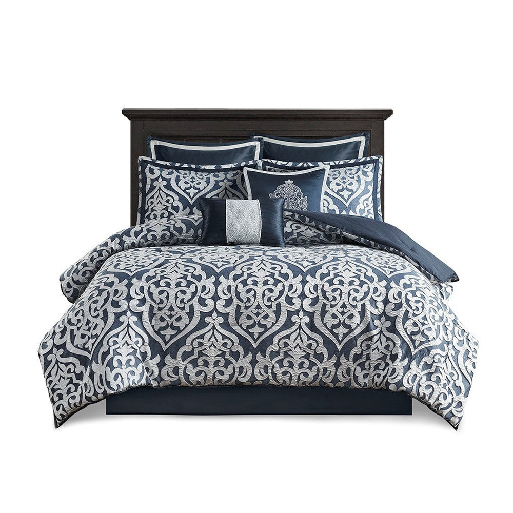 8 Piece Jacquard Comforter Set Navy/Silver Cal King Media 8