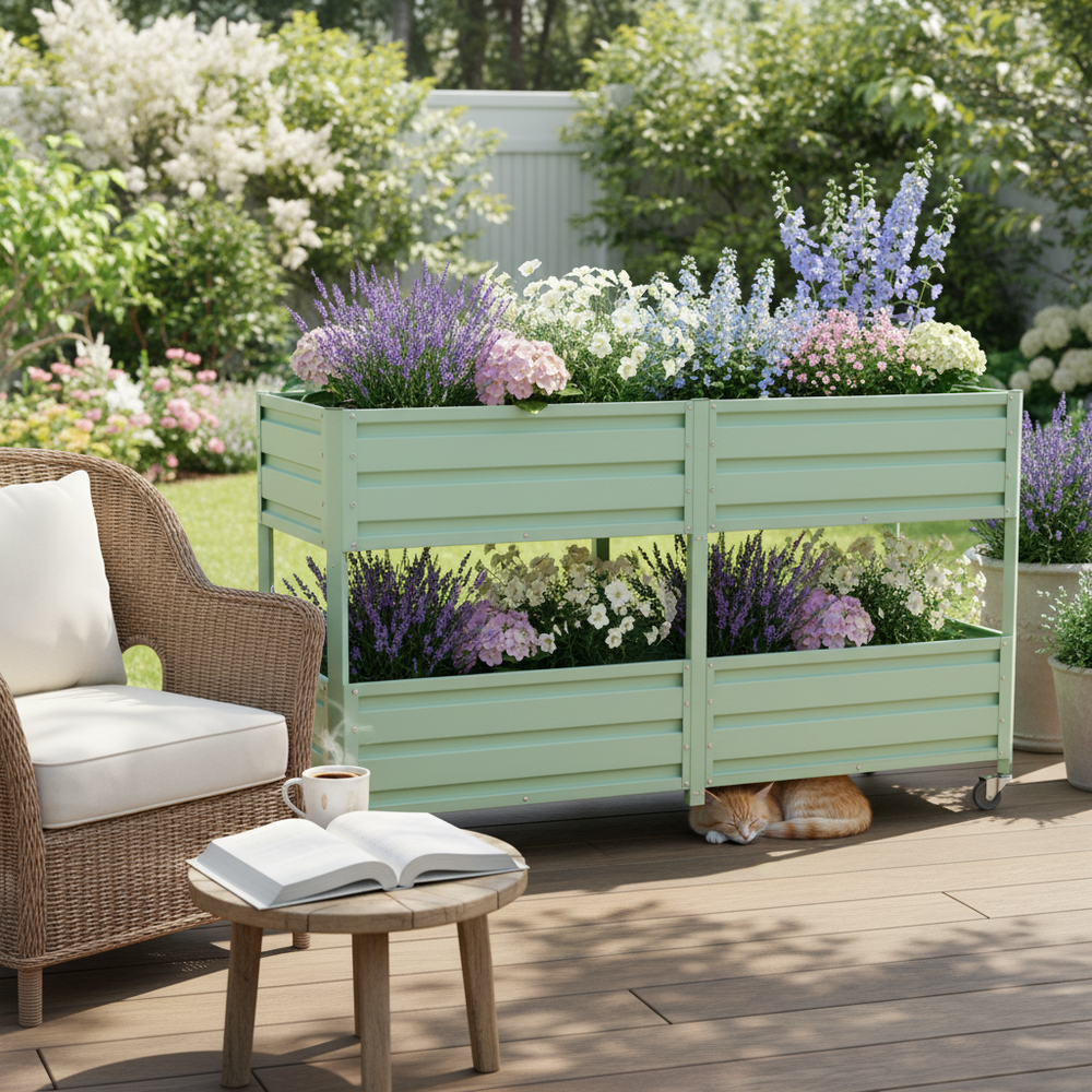 Dual Tier Elevated Metal Raised Garden Bed with Lockable Wheels, Staggered 2-Layer Raised Planter Box for Vegetables Herbs Flowers, Outdoor Patio Backyard Green Planting Bed,Green Media 13