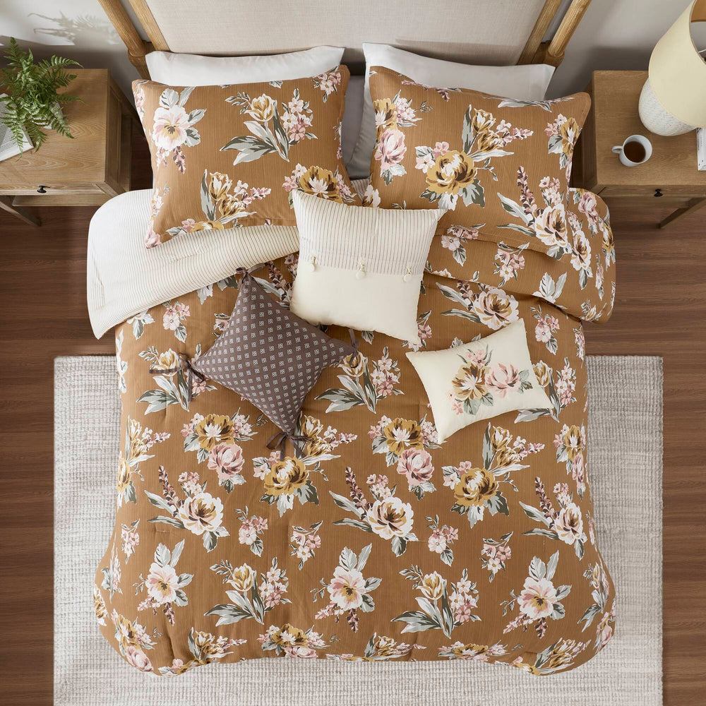 7-Piece Queen Vin  Floral Comforter Set, Terracotta Media 17