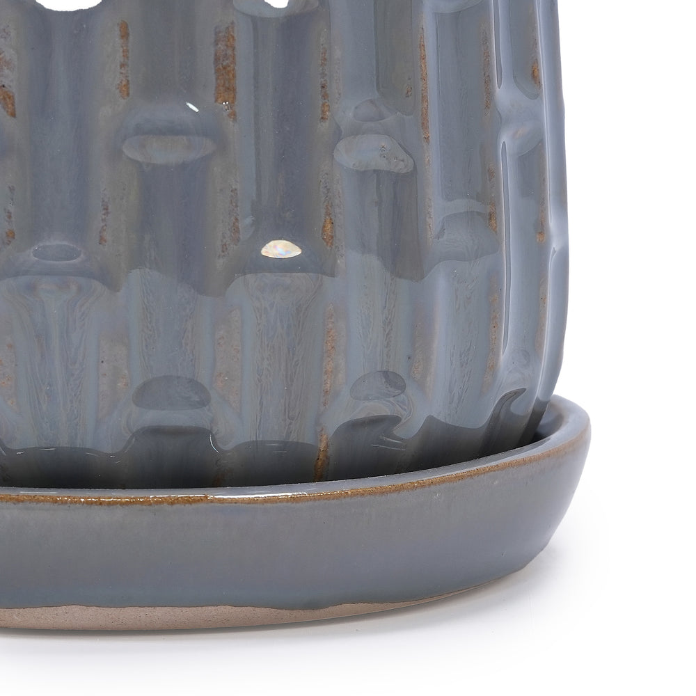 Handmade Gray Glazed Ceramic Planter Set of 2, 6' & 8' Diameter, Vertical Ribbed Pattern, for Succulents & Herbs Indoor/Outdoor Shelf & Table Use, Breathable Clay with Saucers Media 13