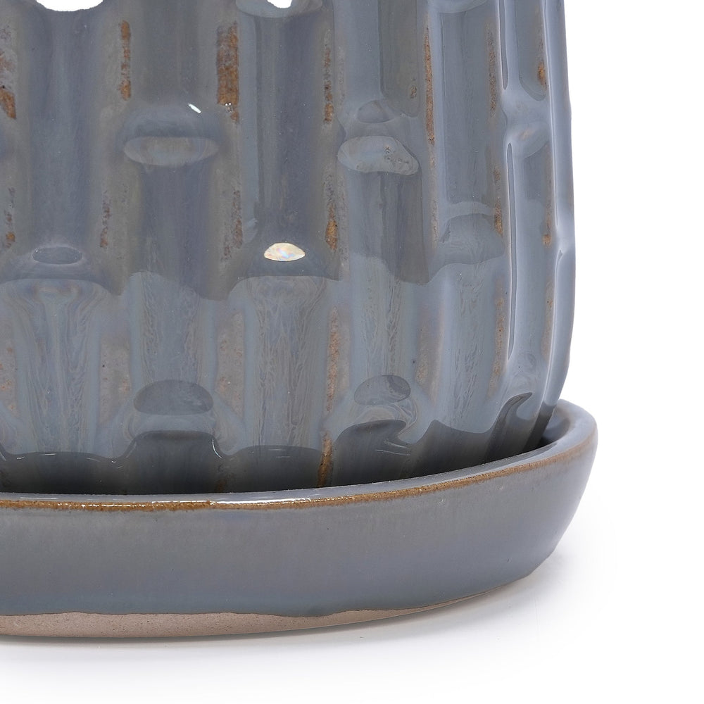 Handmade Gray Glazed Ceramic Planter Set of 2, 6' & 8' Diameter, Vertical Ribbed Pattern, for Succulents & Herbs Indoor/Outdoor Shelf & Table Use, Breathable Clay with Saucers Media 13