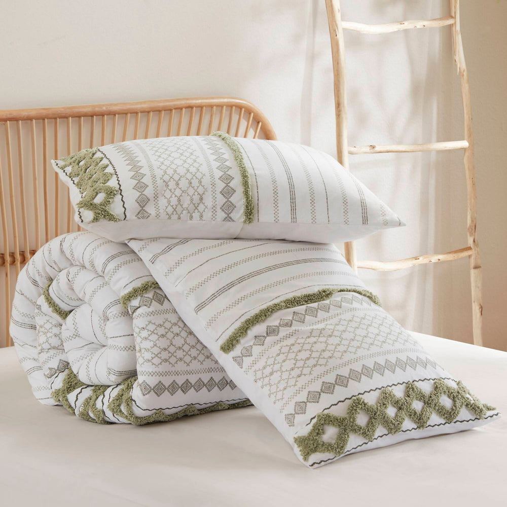 3 PCS Full/Queen Cotton Printed Duvet Cover Set with Chenille Sage/Ivory Media 2