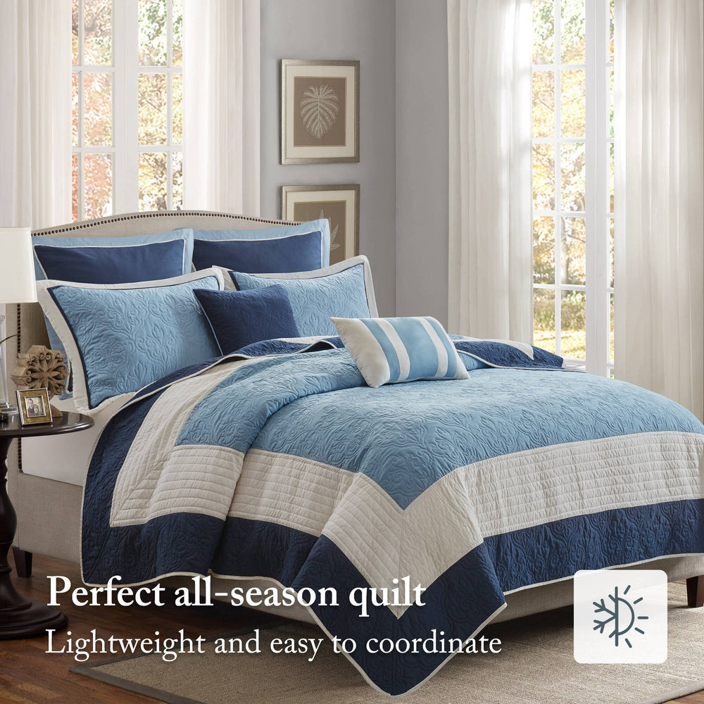 7-Piece King/Cal King 7 Piece Quilt Set with Euro Shams and Throw Pillows,Navy Media 5