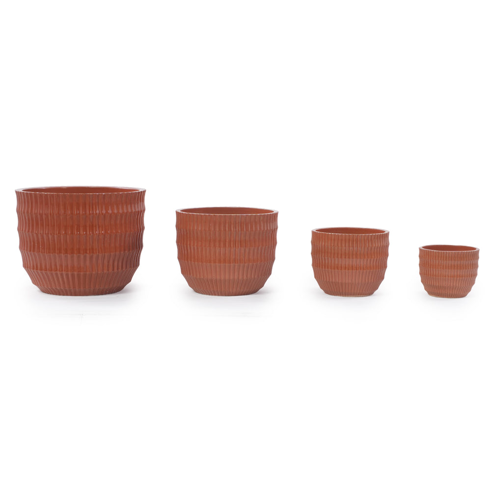 Handmade Brick Red Glaze Ceramic Planter Set of 4, 7/9/12/14 Inch, Horizontal Grooves, Indoor & Outdoor Herb Succulent Pots, Breathable Clay with Drainage Holes Media 8