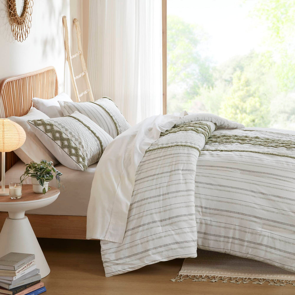 3 PCS Full/Queen Cotton Printed Duvet Cover Set with Chenille Sage/Ivory Media 8