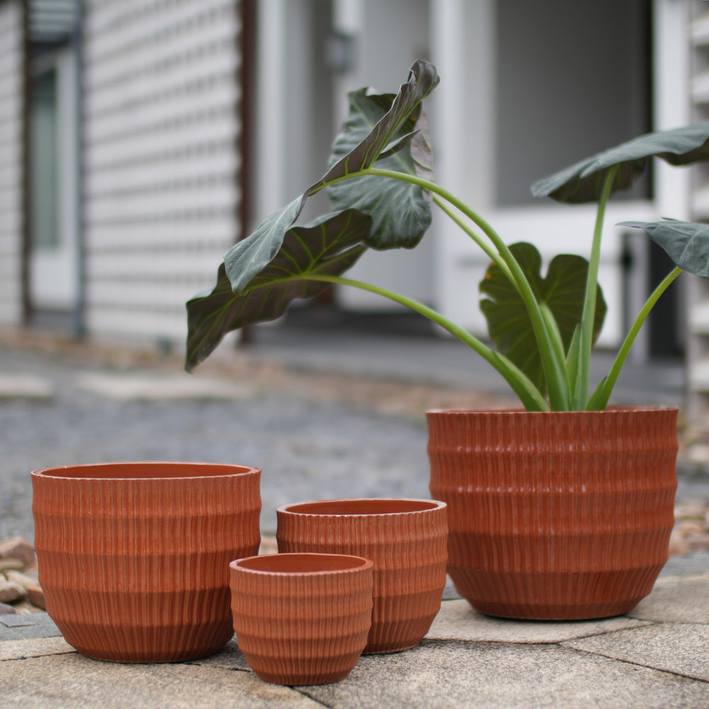 Handmade Brick Red Glaze Ceramic Planter Set of 4, 7/9/12/14 Inch, Horizontal Grooves, Indoor & Outdoor Herb Succulent Pots, Breathable Clay with Drainage Holes Media 2