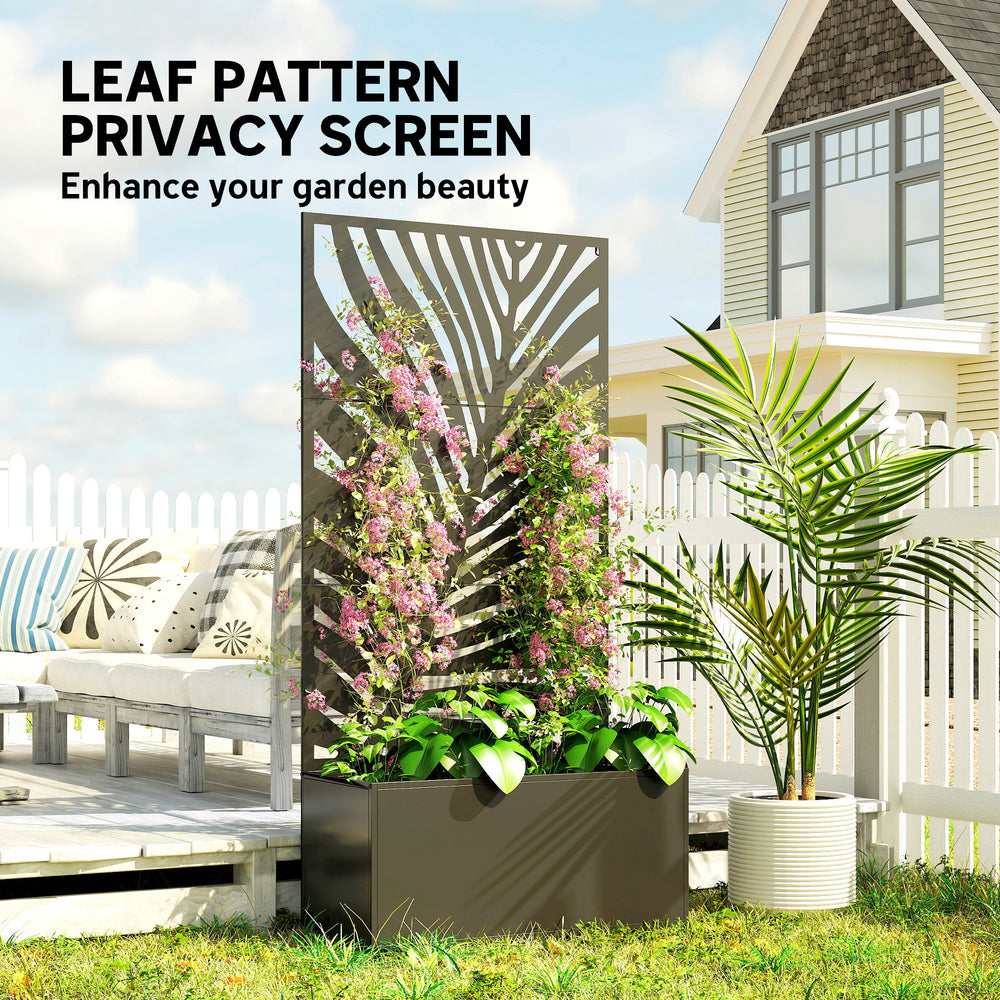Outsunny Metal Planter Box with Trellis, Raised Garden Bed with Privacy Screen for Climbing Plants, Leaf Cut-Out Privacy Planter Media 6