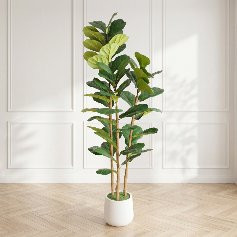 5.2FT Artificial Fiddle Leaf Fig Tree With Decorative White Pot, Real Touch Fake Indoor Plant for Home Office Living Room Corner Decoration, 1pc/set