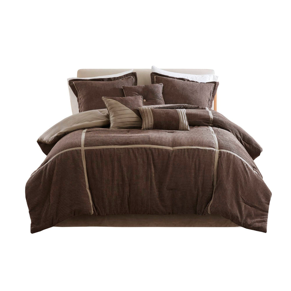 7 Piece Micro Corduroy Comforter Set Brown King Media 2