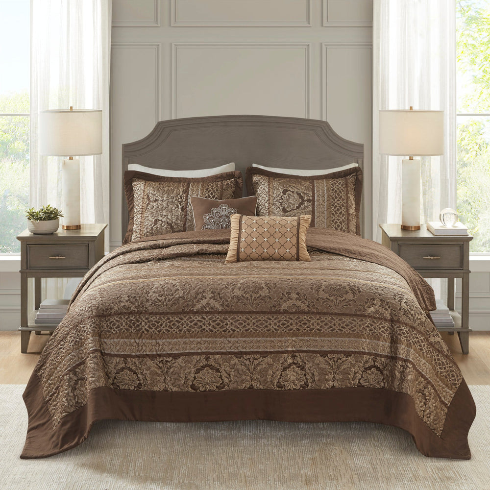 5 Piece Reversible Jacquard Bedspread Set Brown/Gold King Media 14