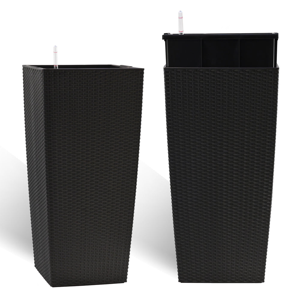 Black Faux Rattan Large Flower Pot with Self-Watering System, 30 in Tall Indoor Outdoor Planter Featuring Drainage Holes, Inner Tray & Water Level Monitor Media 10