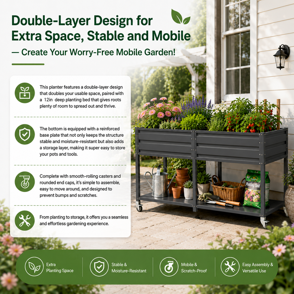 Dual Tier Elevated Metal Raised Garden Bed with Lockable Wheels & Lower Storage Shelf, Dark Gray Staggered Raised Planter Box for Vegetables Herbs Flowers, Outdoor Patio Backyard Raised Planting Bed Media 5