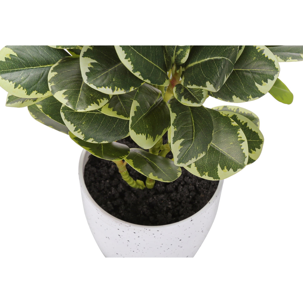 Artificial Ficus Plant Set of 2, 14 Inch Tall Indoor Decorative Table Potted Greenery with White Speckled Pots, Green Leaves, Plastic, 9x10x14 Inches Media 4