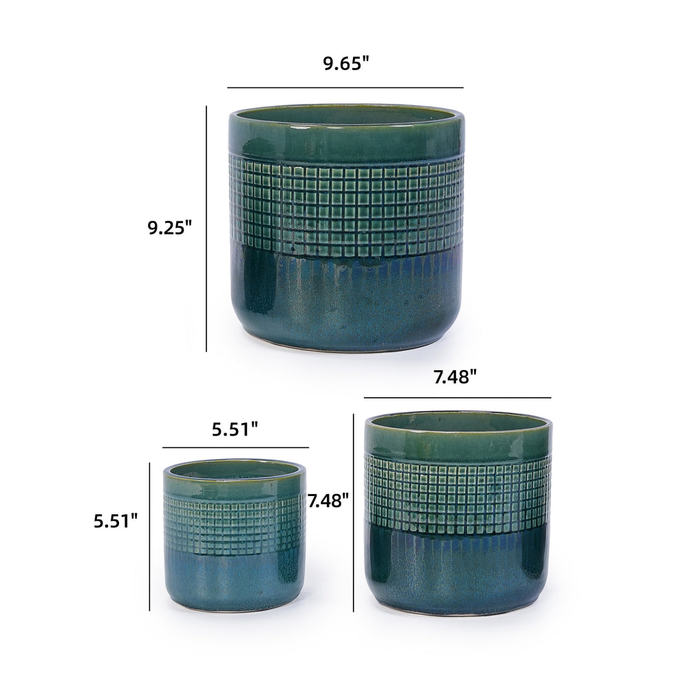 Set of 3 Grid Ceramic Flowerpot, Modern Planter for Patio, Garden, Windowsill - Blue Green Media 3