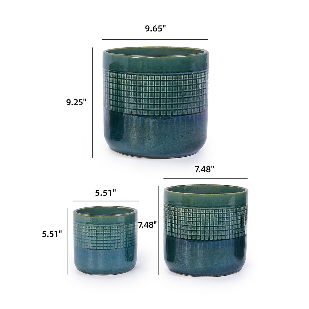 Set of 3 Grid Ceramic Flowerpot, Modern Planter for Patio, Garden, Windowsill - Blue Green Media 3