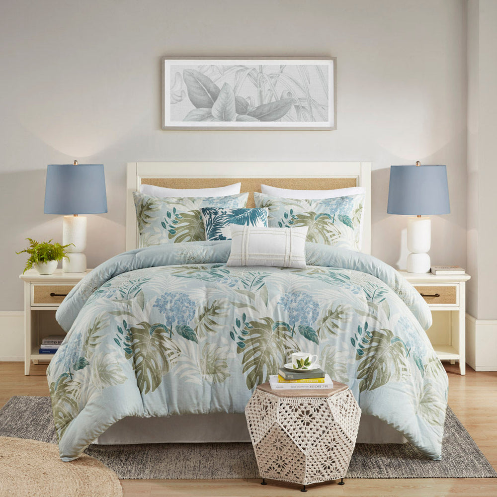 6 Piece Oversized Cotton Comforter Set with Throw Pillow Blue Queen Media 8