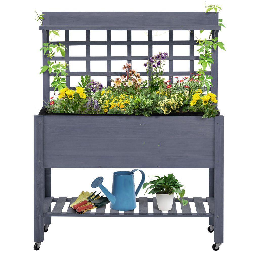 Outsunny 41' Raised Garden Bed with Trellis on Wheels, Wooden Elevated Planter Box with Legs and Bed Liner, for Flowers, Herbs & Vegetables, Gray Media 8