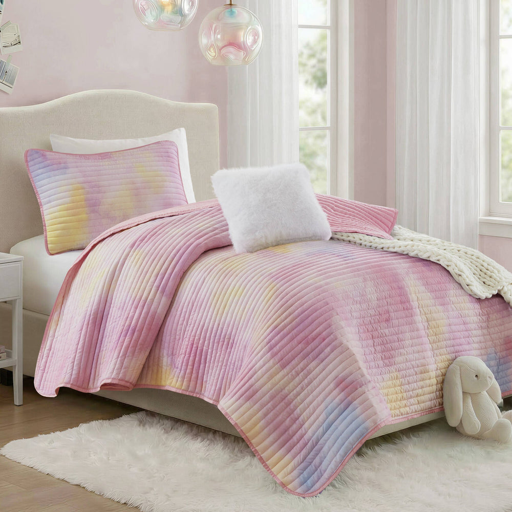3 Pieces Twin/Twin XL Watercolor Tie Dye Printed Quilt Set with Throw Pillow,Pink Media 1