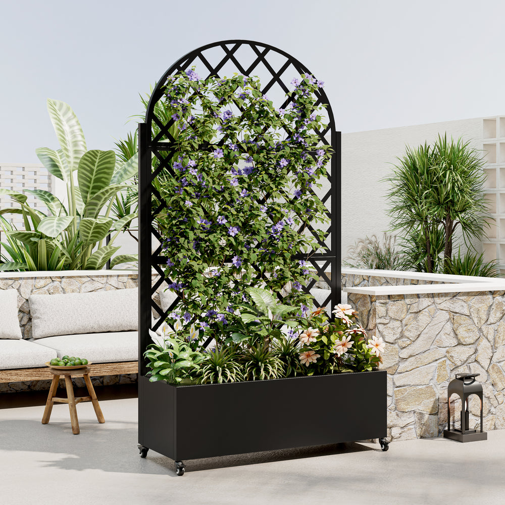 Round Metal Planter Box with Trellis, 73'x35'x16 Metal Raised Garden Bed with Trellis, Metal Planter Box with Drainage Holes & Lockable Wheels & Privacy Screen for Climbing Plants, Vegetables, Vines Media 1