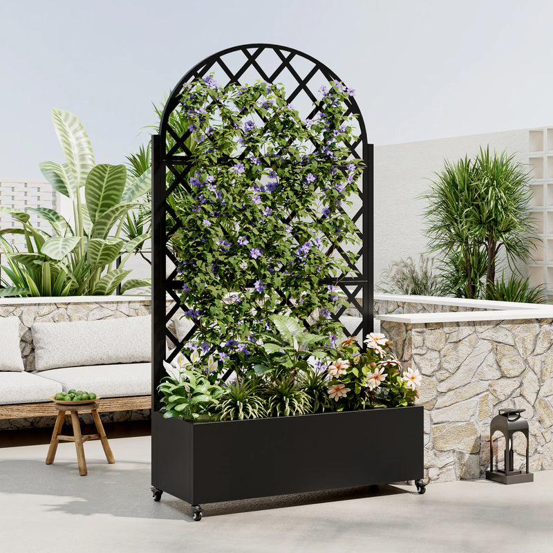 Metal Raised Garden Bed with Trellis, Drainage Holes, Lockable Wheels & Privacy Screen