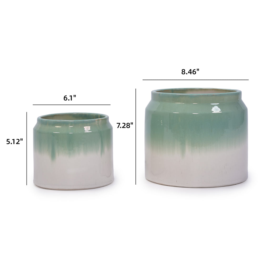 Set of 2 Gradient Ceramic Flowerpot, Modern Planter for Patio, Garden, Windowsill - White Green Media 3