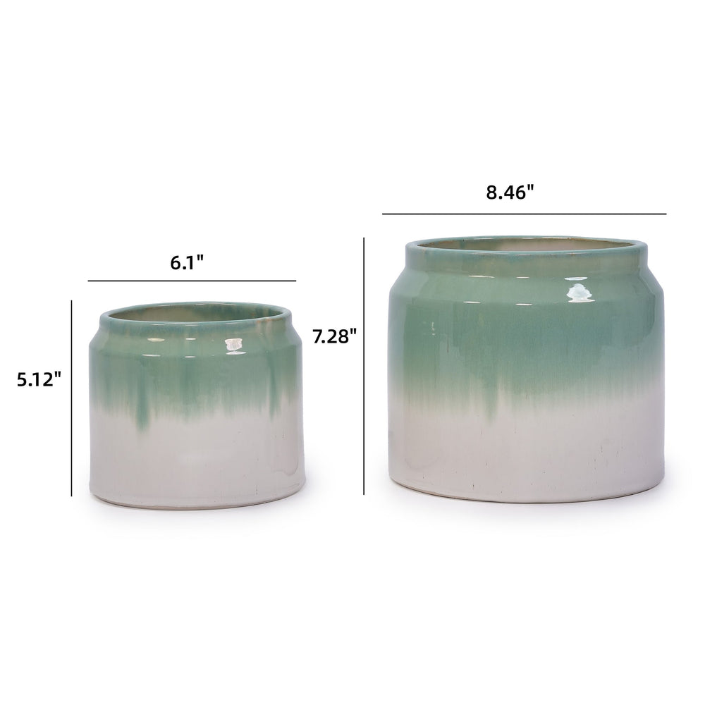 Set of 2 Gradient Ceramic Flowerpot, Modern Planter for Patio, Garden, Windowsill - White Green Media 3