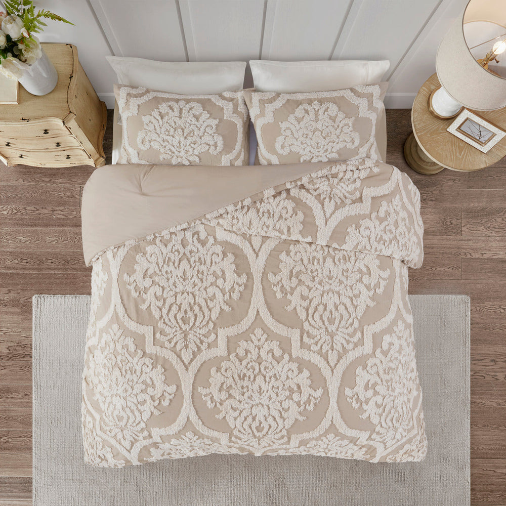 3 piece Tufted Cotton Chenille Damask Comforter Set Taupe Full/Queen Media 2