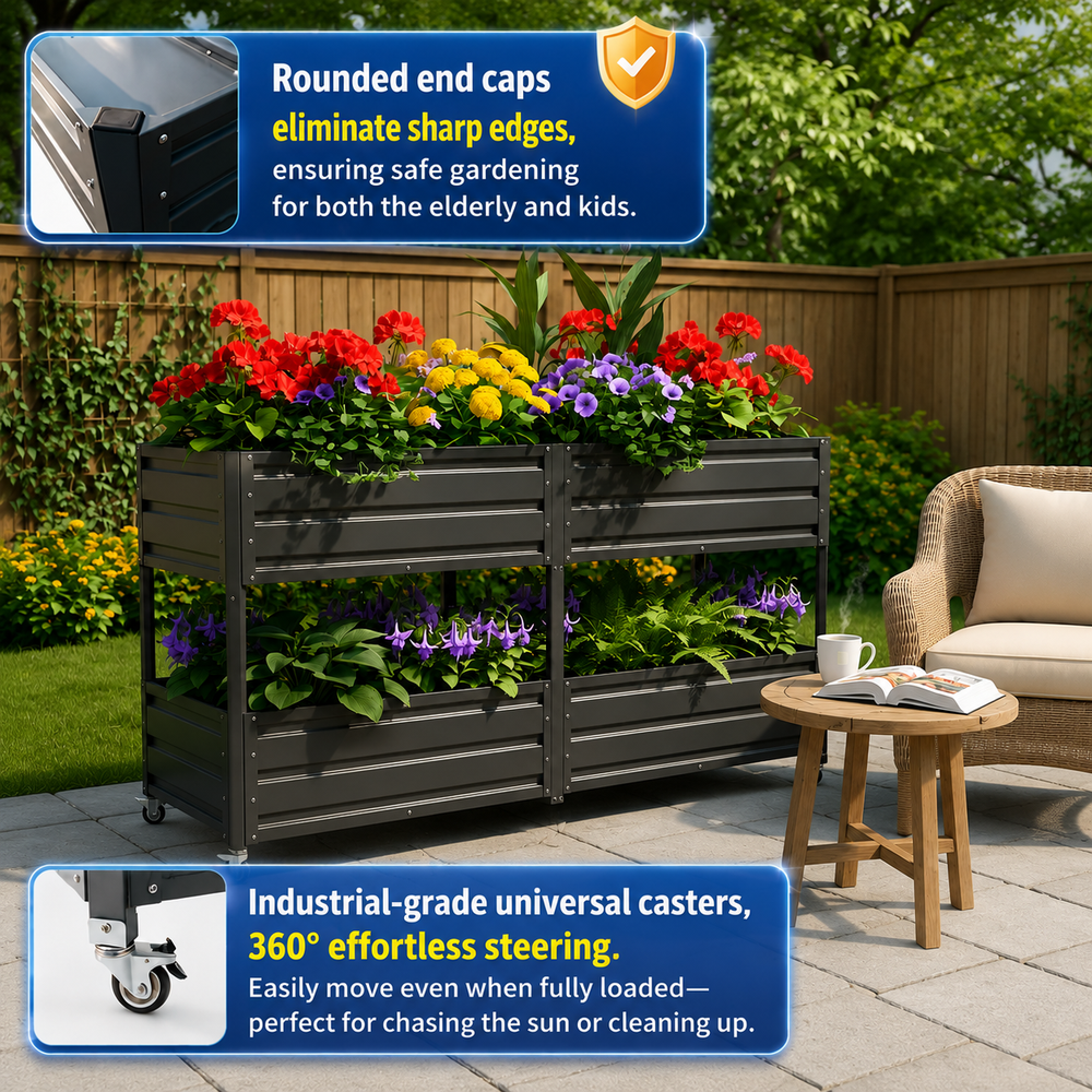 Dual Tier Elevated Metal Raised Garden Bed with Lockable Wheels, Staggered 2-Layer Raised Planter Box for Vegetables Herbs Flowers, Outdoor Patio Backyard Green Planting Bed,Grey Media 5