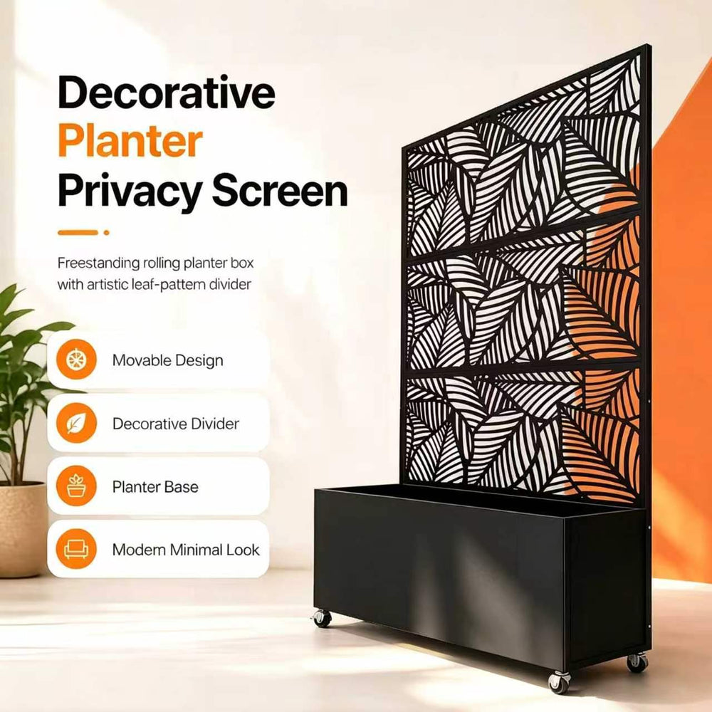 70.87' H × 46.06' W Leaf Pattern Privacy Screen with Planter Box, Black Metal Freestanding Decorative Fence Planter for Patio Balcony Backyard Media 7