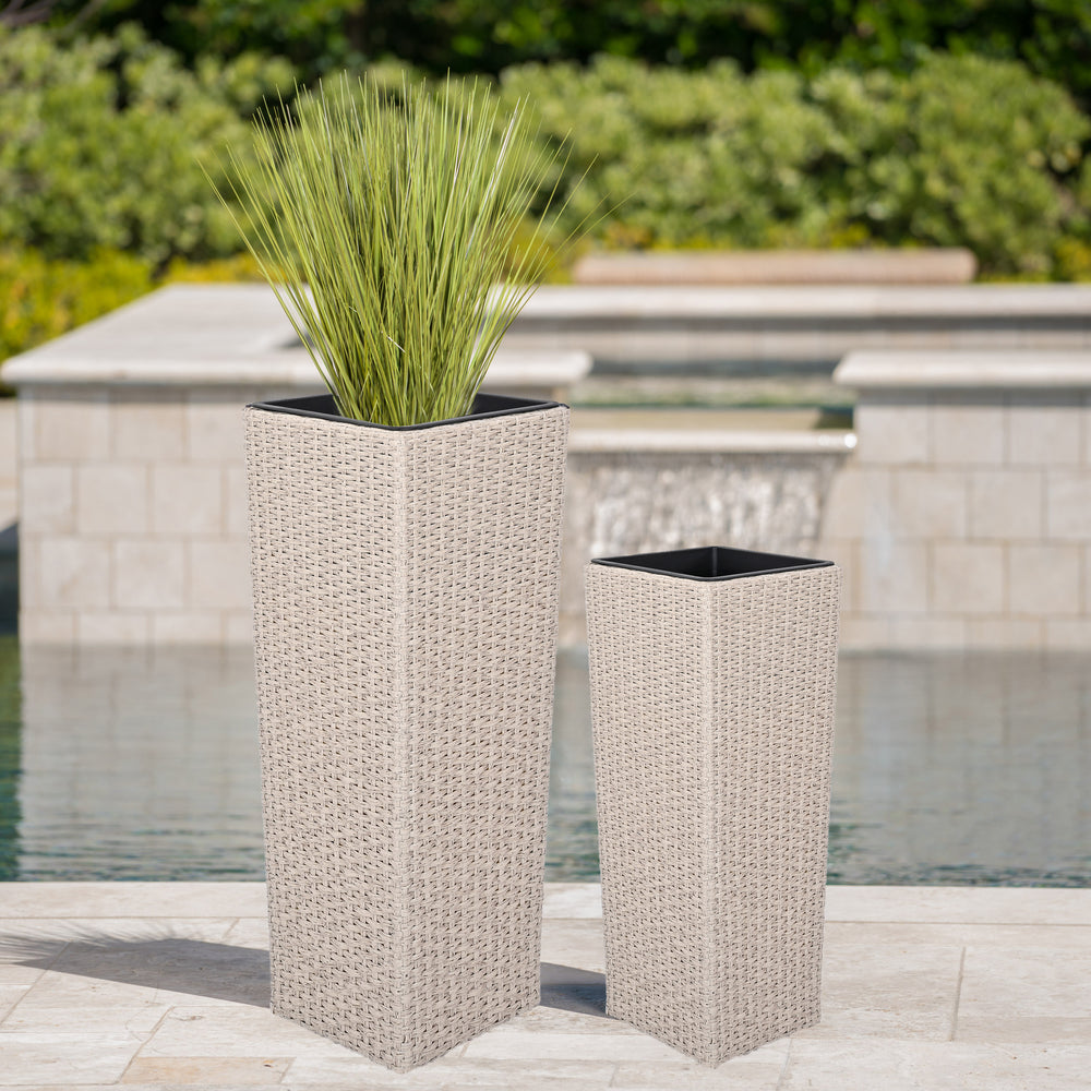 Outdoor PE Wicker Flower Pots, 2-Pcs Set, Beige Media 1