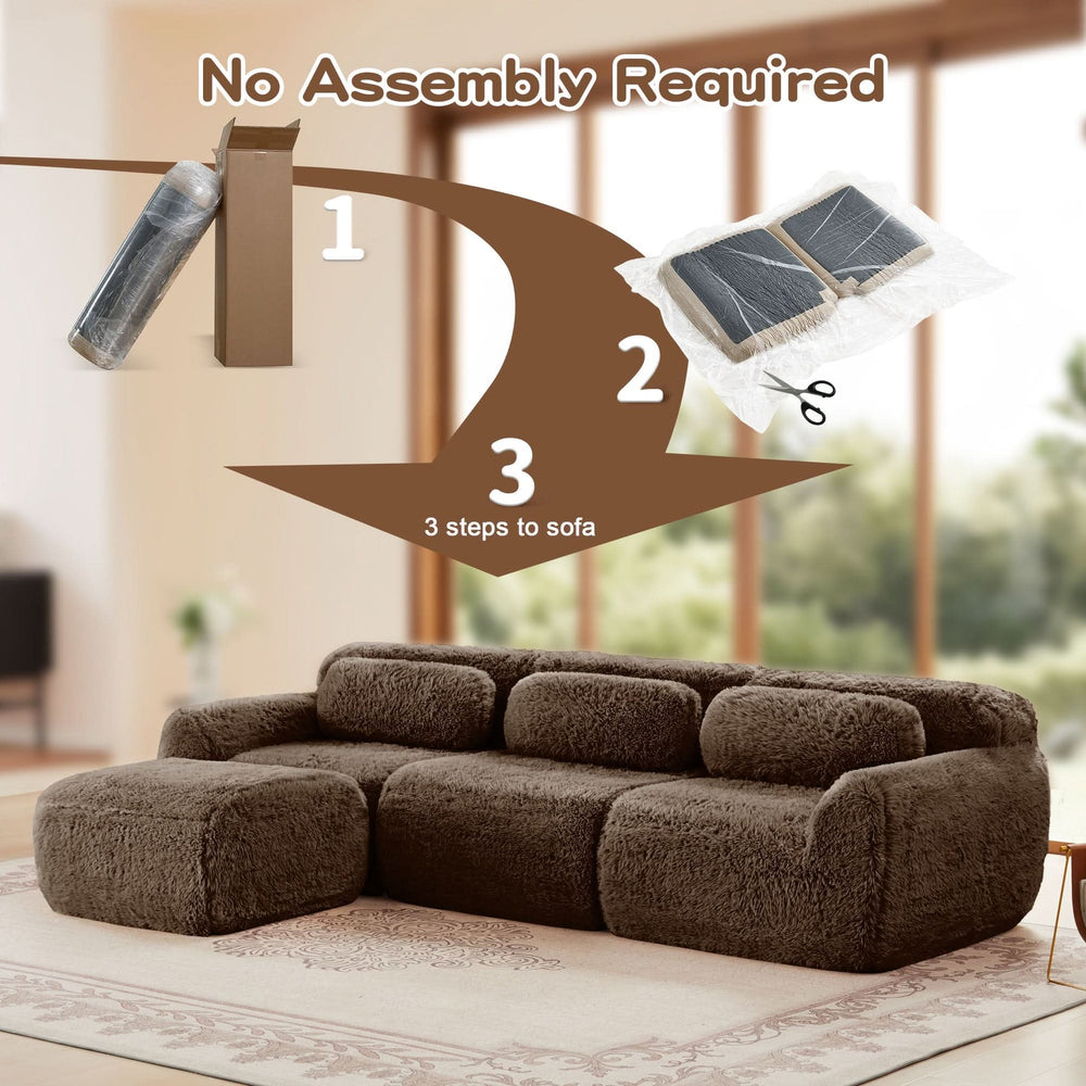 L-Shaped Sofa Plush Fabric With Movable Ottoman & Throw Pillows Chocolate Media 10