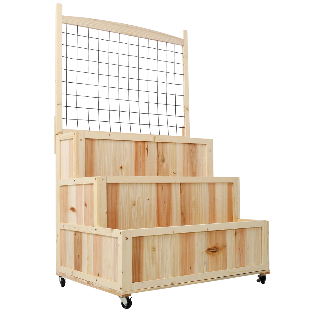 3-Tiers Raised Garden Bed with Trellis, 53' H Vertical Planter Box with Wheels & Back Storage Area, for Flowers, Vegetables, Herbs, Natural Media 3