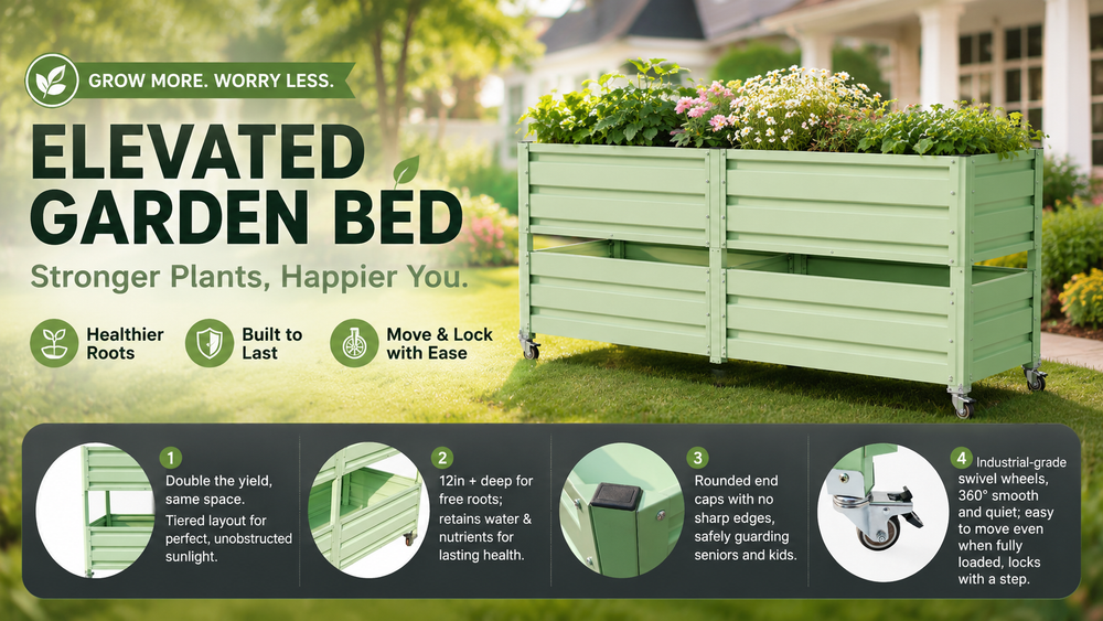 Dual Tier Elevated Metal Raised Garden Bed with Lockable Wheels, Staggered 2-Layer Raised Planter Box for Vegetables Herbs Flowers, Outdoor Patio Backyard Green Planting Bed,Green Media 22